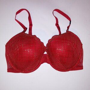 Victoria Secret Bra Lined Demi Red Metallic Gold Plaid Lace Underwire New